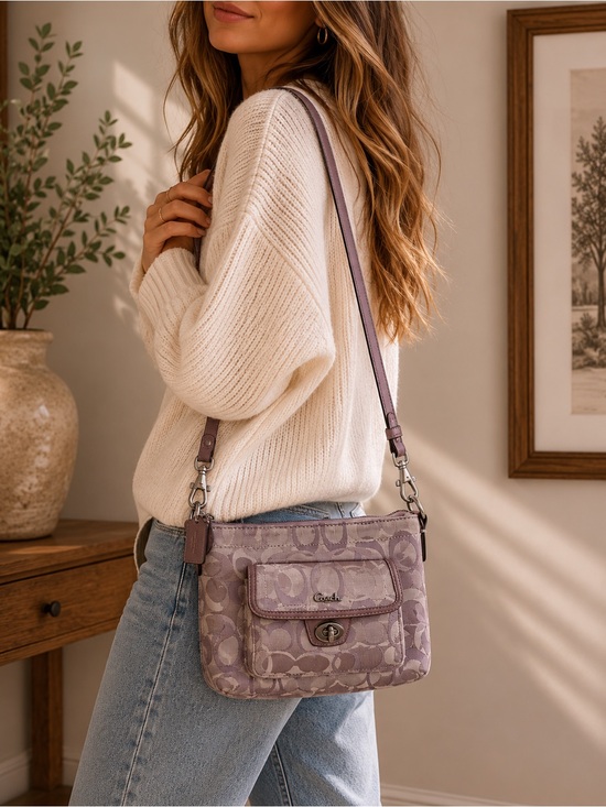 Coach Handbags - Coach Signature Jacquard Crossbody Bag Taupe Turnlock Swingpack Authentic